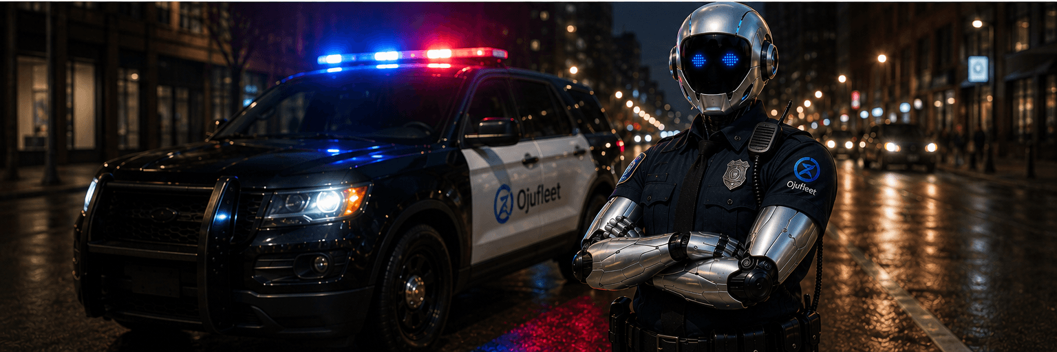 Optix in patrol uniform alongside a police cruiser with emergency lights at night