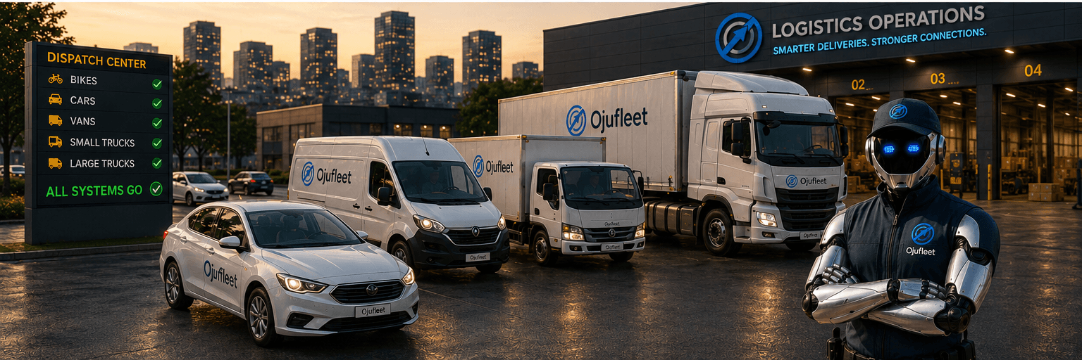 Optix on a logistics route — fleet uniform, beside a long-haul truck
