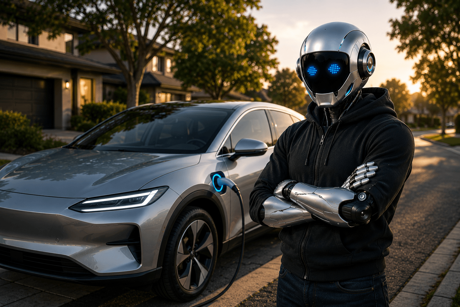 Optix beside a private electric vehicle charging in a residential driveway at dusk