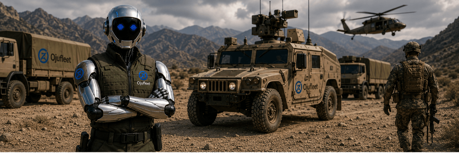 Optix in tactical gear with a military convoy vehicle and ground crew in a desert operating area
