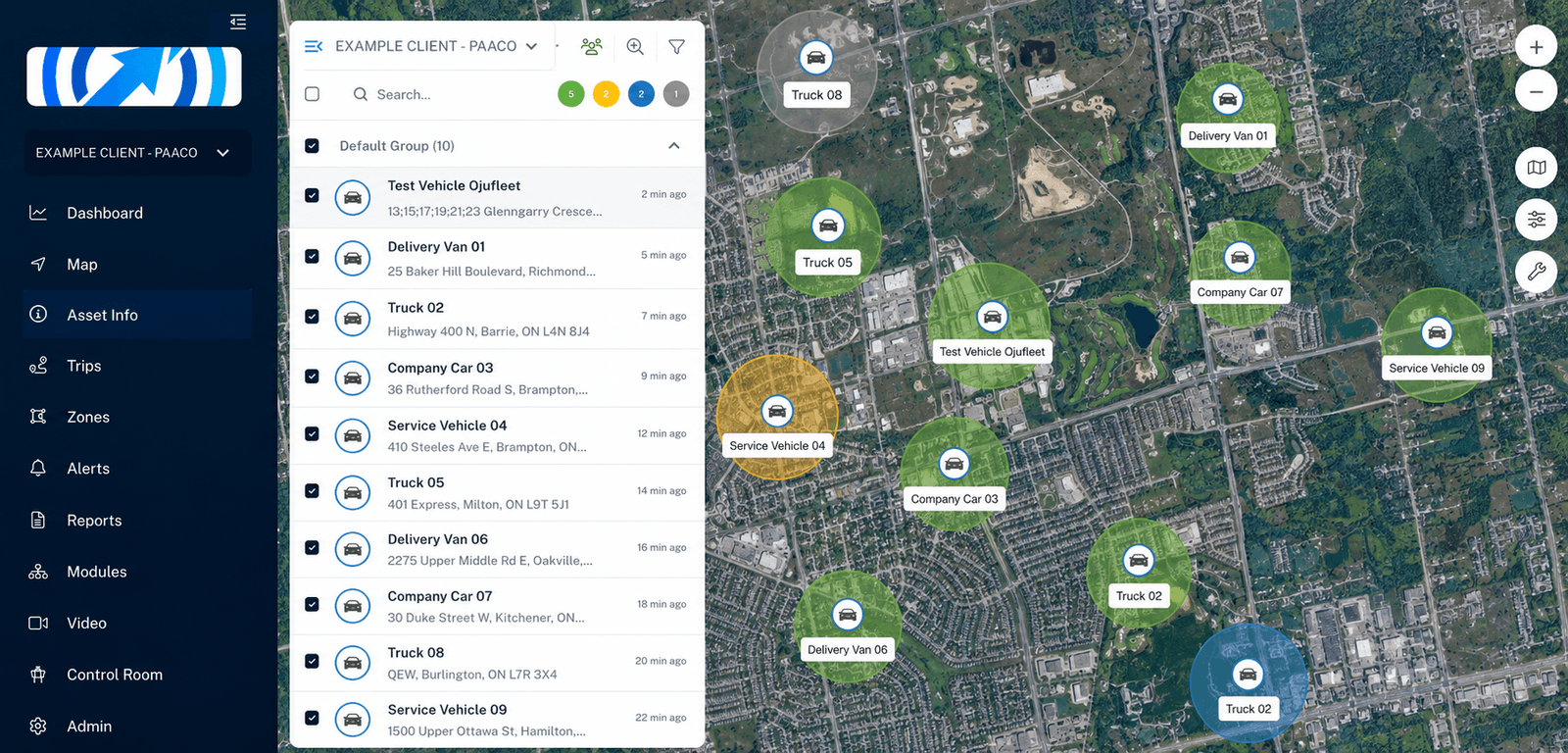 Fleet Monitoring Software — live map with vehicle tracking, geofences, and asset sidebar