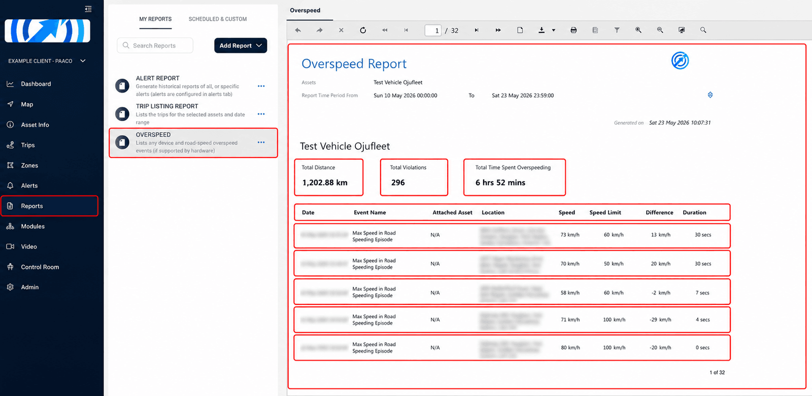 Fleet Monitoring Software — report generation screen with exportable fleet reports
