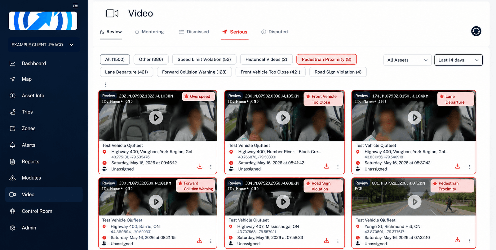 Fleet Monitoring Software — video review screen with event clips and violation filters